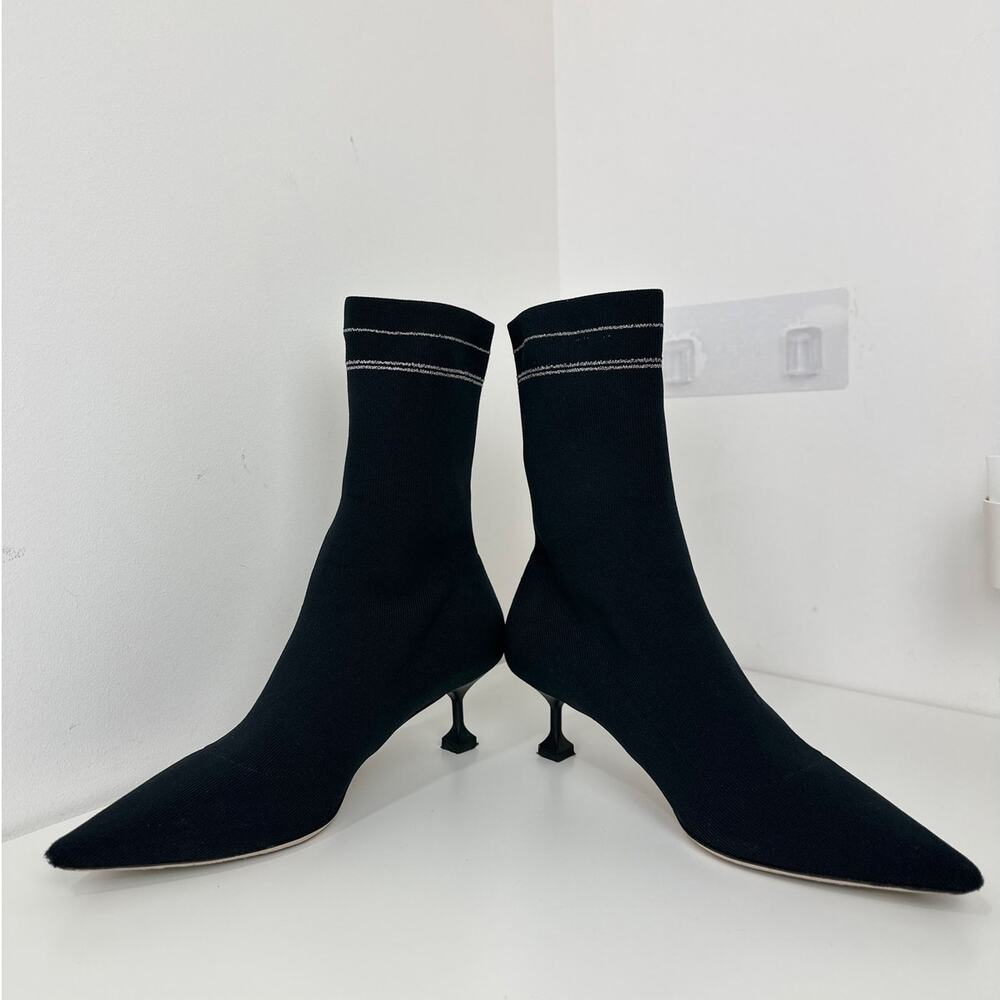 Miu Miu Kitten Heel Sock Boots Shoes Black Logo Pointed Toe EU 37.5 US 7.5 - Picture 6 of 14